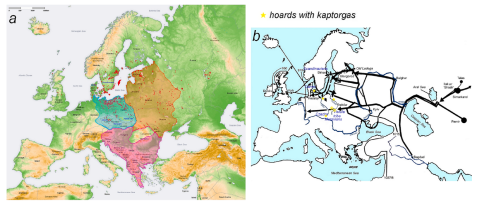 a - mapa Europy z zaznaczonymi znaleziskami dirhemów (czerwone punkty) (Gruszczyński, 2016, rys. 1) oraz zaznaczonymi obszarami zajmowanymi przez plemiona słowiańskie (VII-X w.) - grupa wschodnia (obszar pomarańczowy), południowa (obszar różowy), zachodnia (obszar niebieski),  b - szlaki napływu dirhemów azjatyckich do Europy Środkowej (Blanchard, 2001, 347). We wczesnym średniowieczu w Europie Środkowej dirhemy były głównym źródłem srebra.